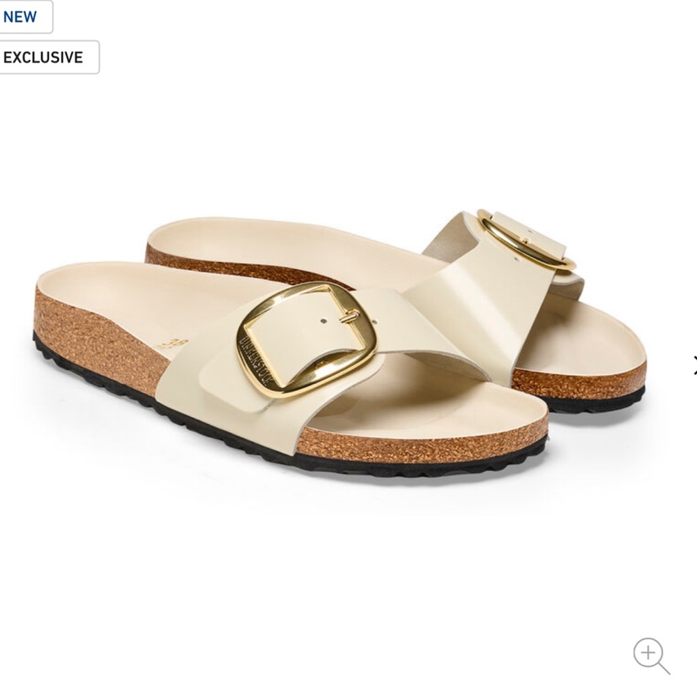 NWT Birkenstock Madrid High Shine Ecru Big Buckle Gold Beige Sandals - Picture 2 of 15
